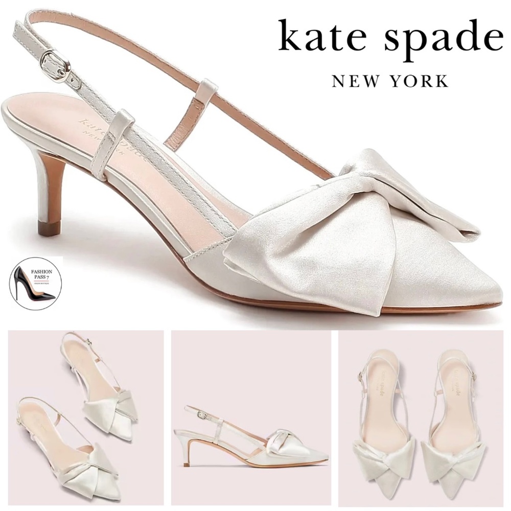 Kate Spade Marseille Ivory White Satin Bow Slingback Pumps Kitten Heel Shoes 8